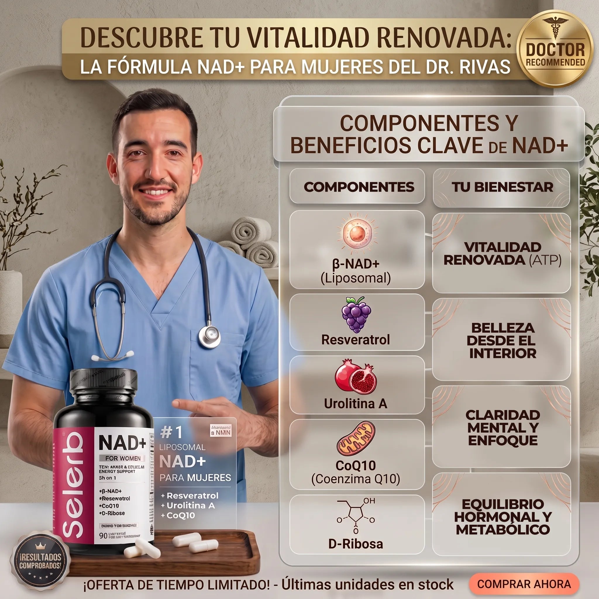 NAD+ Selerb Femenino: Activador de Energía y Rejuvenecimiento con Colágeno, Ácido Hialurónico y Energía 9-en-1. IMPORTADO DE U.S.A